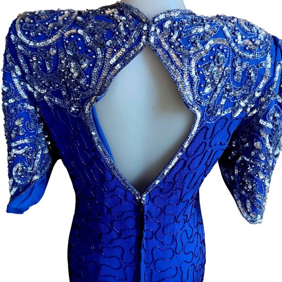 XL Vintage Dress Blue Sequined Evening Gown Maxi Intricate Beading 100% Silk 90s - Picture 5 of 7
